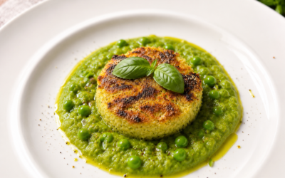 Tortino leggero di zucchine al basilico su crema rustica di piselli